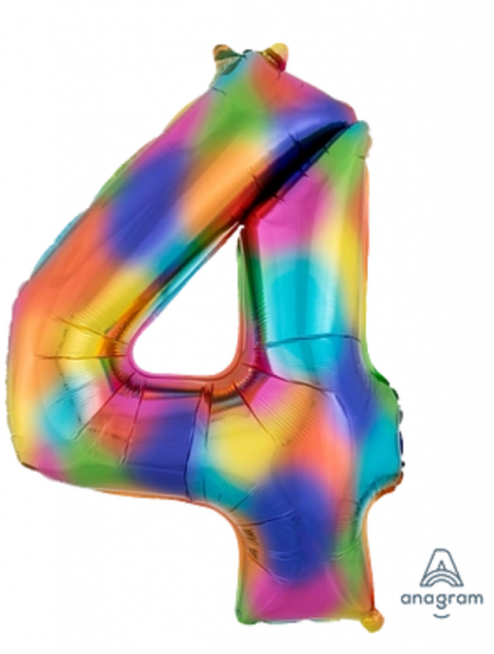 Folienballon Supershape "4" regenbogenfarben, 86cm, 34"