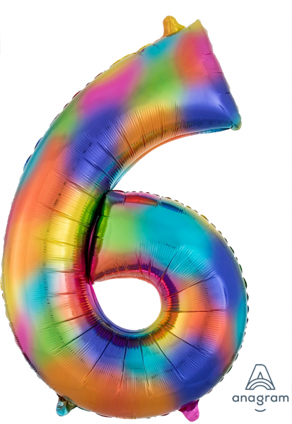 Folienballon Supershape "6" regenbogenfarben, 86cm, 34"