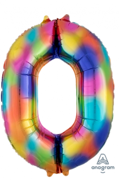 Folienballon Supershape "0" regenbogenfarben, 86cm, 34"